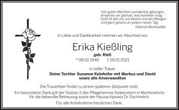 Traueranzeige von Erika Kießling von Frankenpost