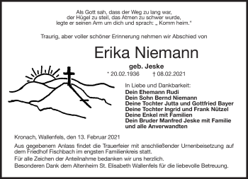 Traueranzeige von Erika Niemann von Neue Presse Coburg