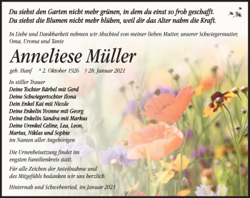 Traueranzeige von Müller Anneliese von Südthüringer Presse
