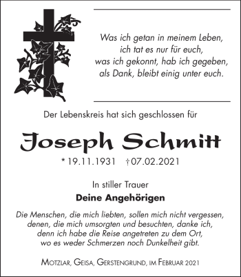 Traueranzeige von Joseph Schmitt von Südthüringer Presse