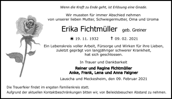 Traueranzeige von Erika Fichtmüller von Südthüringer Presse
