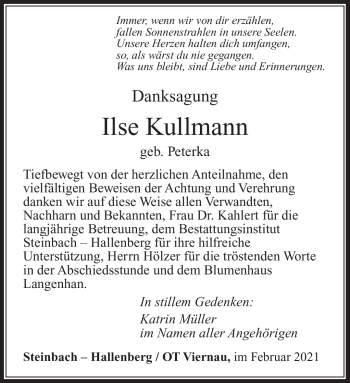Traueranzeige von Ilse Kullmann von Südthüringer Presse