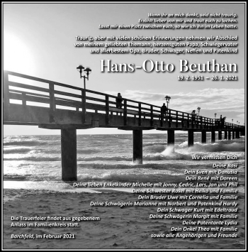 Traueranzeige von Hans-Otto Beuthan von Südthüringer Presse