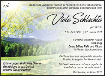 Traueranzeige von Viola Schlachta von Südthüringer Presse