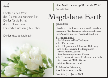 Traueranzeige von Magdalene Barth von Südthüringer Presse