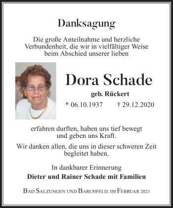 Traueranzeige von Dora Schade von Südthüringer Presse