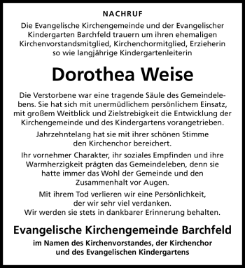Traueranzeige von Dorothea Weise von Südthüringer Presse