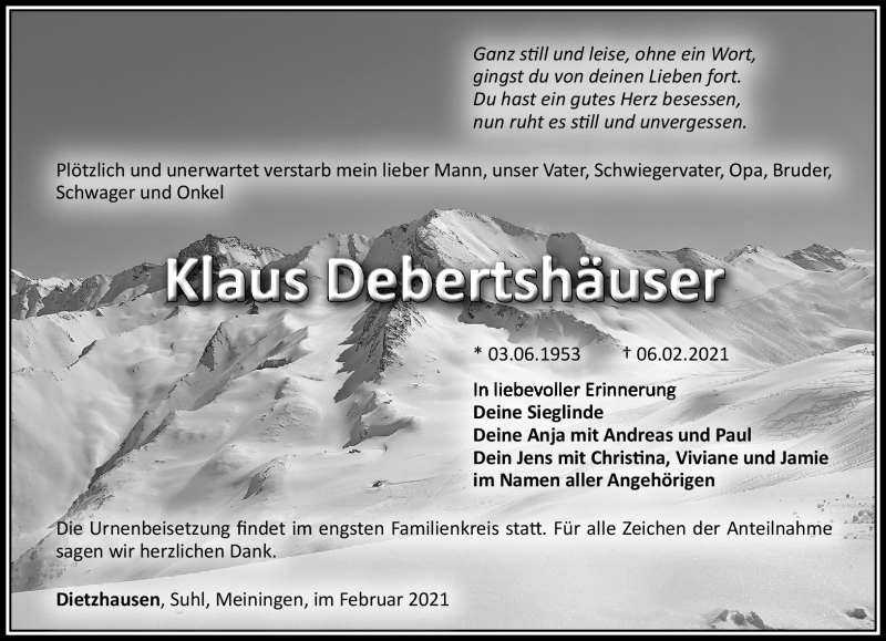  Traueranzeige für Klaus Debertshäuser vom 13.02.2021 aus Südthüringer Presse