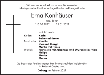 Traueranzeige von Erna Konhäuser von Neue Presse Coburg