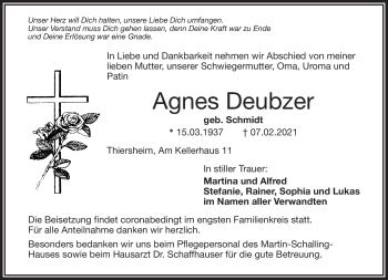 Traueranzeige von Agnes Deubzer von Frankenpost