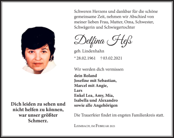 Traueranzeige von Delfina Heß von Südthüringer Presse