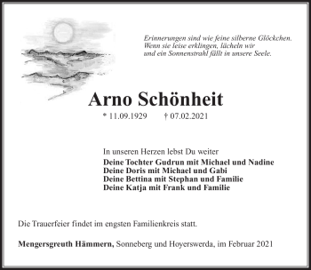 Traueranzeige von Arno Schönheit von Südthüringer Presse
