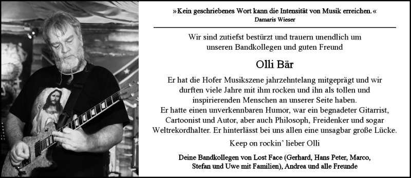  Traueranzeige für Oliver Bär vom 23.02.2021 aus Frankenpost