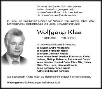 Traueranzeige von Wolgang Klee von Südthüringer Presse