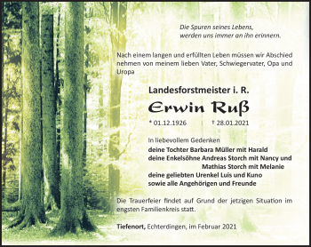 Traueranzeige von Erwin Ruß von Südthüringer Presse
