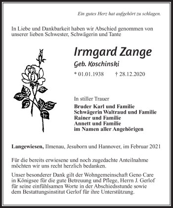 Traueranzeige von Irmgard Zange von Südthüringer Presse
