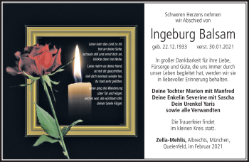 Traueranzeige von Ingeburg Balsam von Südthüringer Presse