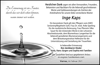 Traueranzeige von Inge Kaps von Südthüringer Presse