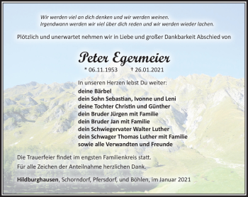 Traueranzeige von Peter Egermeier von Südthüringer Presse