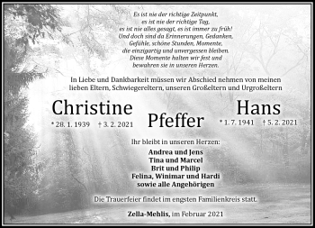 Traueranzeige von Christine Pfeffer von Südthüringer Presse
