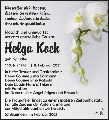 Traueranzeige von Helga Koch von Südthüringer Presse