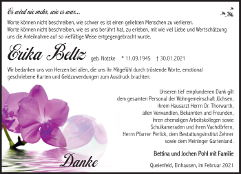 Traueranzeige von Erika Beltz von Südthüringer Presse