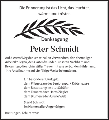 Traueranzeige von Peter Schmidt von Südthüringer Presse