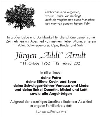 Traueranzeige von Jürgen Arndt von Südthüringer Presse