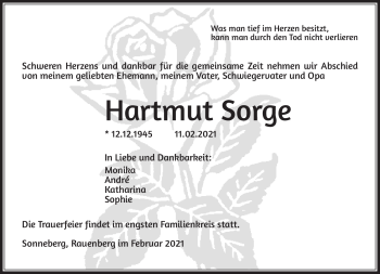 Traueranzeige von Hartmut Sorge von Südthüringer Presse