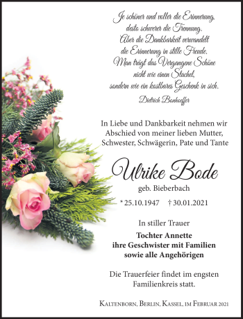 Traueranzeige von Ulrike Bode von Südthüringer Presse