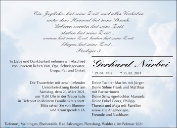 Traueranzeige von Gerhard Narbei von Südthüringer Presse