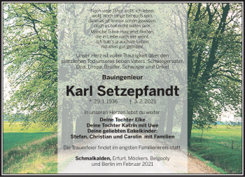 Traueranzeige von Karl Setzepfandt von Südthüringer Presse