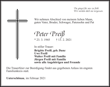 Traueranzeige von Peter Preiß von Südthüringer Presse