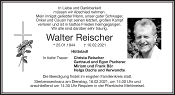 Traueranzeige von Walter Reischer von Frankenpost