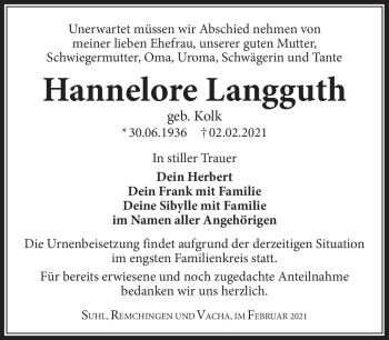 Traueranzeige von Hannelore Langguth von Südthüringer Presse