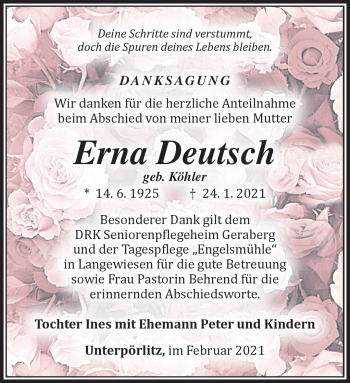 Traueranzeige von Erna Deutsch von Südthüringer Presse