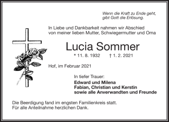 Traueranzeige von Lucia Sommer von Frankenpost