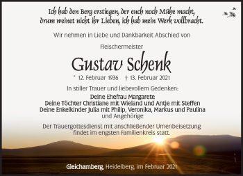 Traueranzeige von Gustav Schenk von Südthüringer Presse