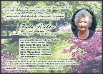 Traueranzeige von Jutta Richter von Südthüringer Presse