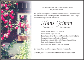 Traueranzeige von Hans Grimm von Südthüringer Presse