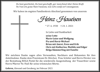 Traueranzeige von Heinz Haueisen von Südthüringer Presse
