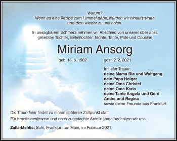 Traueranzeige von Miriam Ansorg von Südthüringer Presse