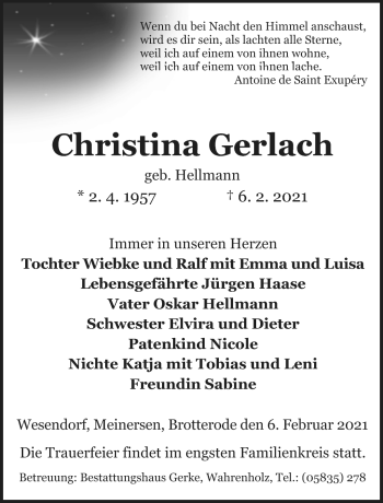 Traueranzeige von Christina Gerlach von Südthüringer Presse