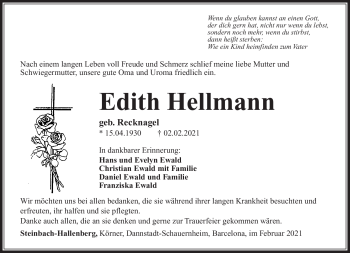 Traueranzeige von Edith Hellmann von Südthüringer Presse