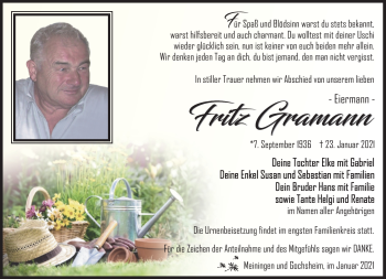 Traueranzeige von Fritz Gramann von Südthüringer Presse