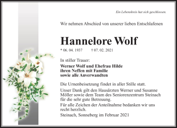 Traueranzeige von Hannellore Wolf von Südthüringer Presse