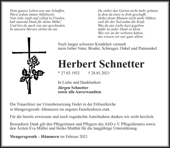 Traueranzeige von Herbert Schnetter von Südthüringer Presse