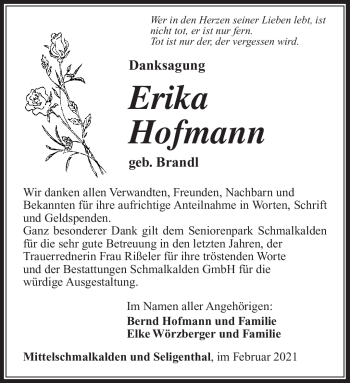 Traueranzeige von Erika Hofmann von Südthüringer Presse