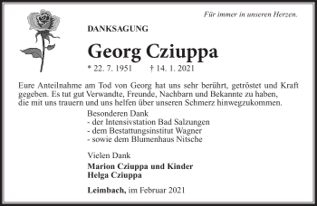 Traueranzeige von Georg Cziuppa von Südthüringer Presse
