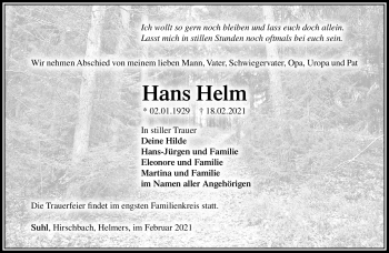 Traueranzeige von Hans Helm von Südthüringer Presse